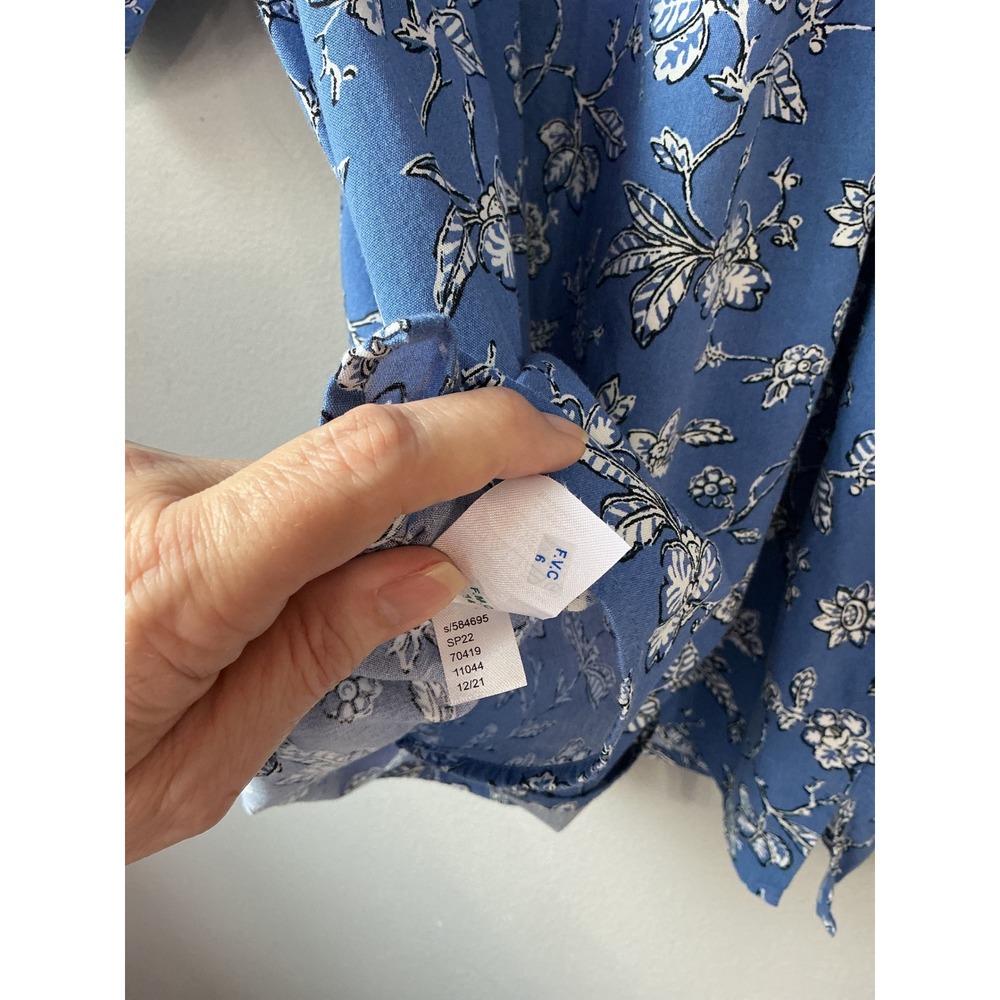 LOFT Blue Floral Cotton Rayon Tie Neck Puff Short Sleeve Peasant Blouse Medium - Picture 9 of 9